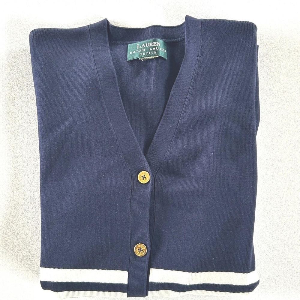Lauren Ralph Lauren Cardigan Womens M Petite Navy Striped Gold Button Nautical - Picture 7 of 8